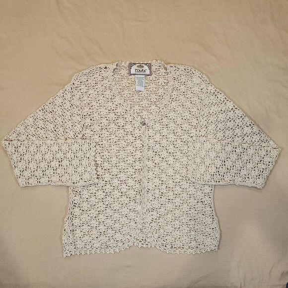 Vintage Tiara International Crochet Long Sleeve Button Ramie Cotton Size XL‎ - Picture 1 of 10